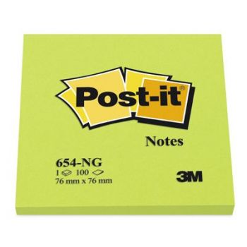 Post-It Notatblokk selvklebende 76x76mm Post-it, Neongrønn (6 bl)